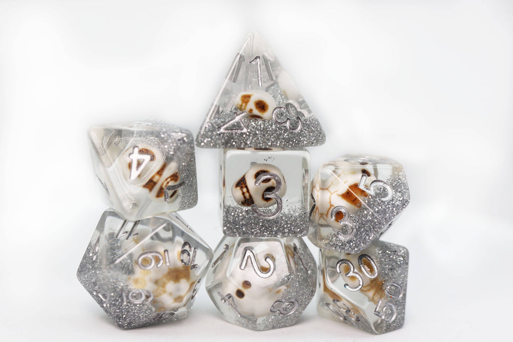 Skull and Silver Glitter RPG Dice Set Accessories Foam Brain Games   
