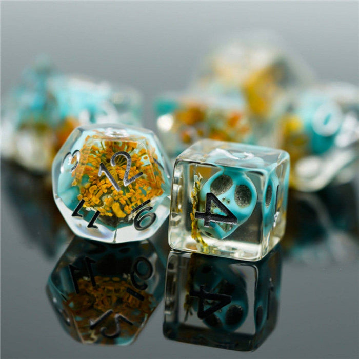 Yellow Flower with Blue Skull RPG Dice Set Accessories Foam Brain Games