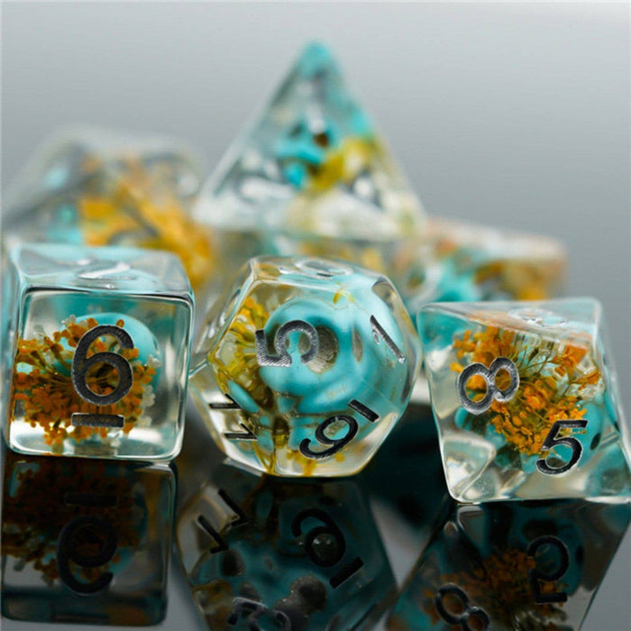 Yellow Flower with Blue Skull RPG Dice Set Accessories Foam Brain Games