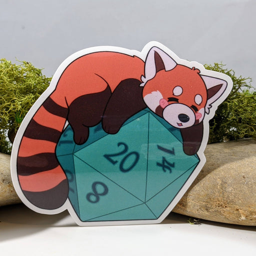 Sleepy Red Panda On Polyhedral D20 Dice Sticker - 2.5" Gift Mimic Gaming Co   