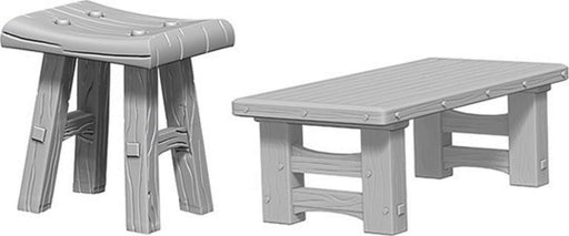WizKids Deep Cuts Unpainted Miniatures: W4 Wooden Table & Stools Miniatures NECA   