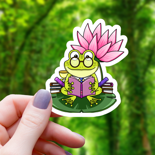 Frog Reading Books on Lilypad Sticker - 3" Gift Mimic Gaming Co   