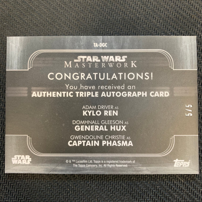 Star Wars Masterwork 2020 - AD-TA-DGC - Triple Autograph - Adam Driver as Kylo Ren, Domhnall Gleeson as General Hux, and Gwendoline Christie as Captain Phasma Vintage Trading Card Singles Topps   