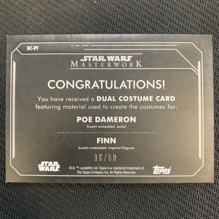 Star Wars Masterwork 2020 - DC-PF - Poe and Finn Dual Costume Relic - 16/50 Vintage Trading Card Singles Topps   