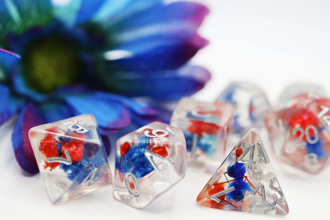 Red & Blue Flower RPG Dice Set Accessories Foam Brain   