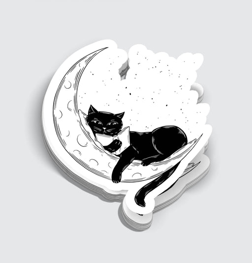 Black Reading Cat Sleeping on Moon Sticker - 3" Gift Mimic Gaming Co   
