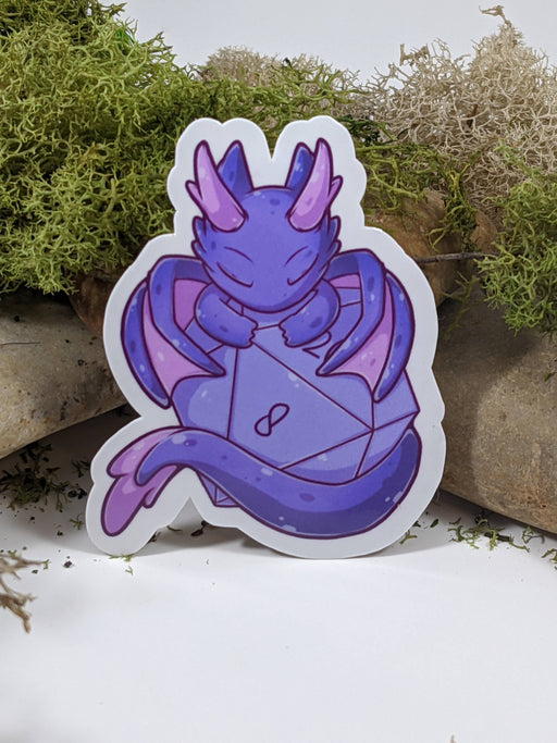 Purple Dragon With Polyhedral Dice Sticker - 2.5" Gift Mimic Gaming Co   