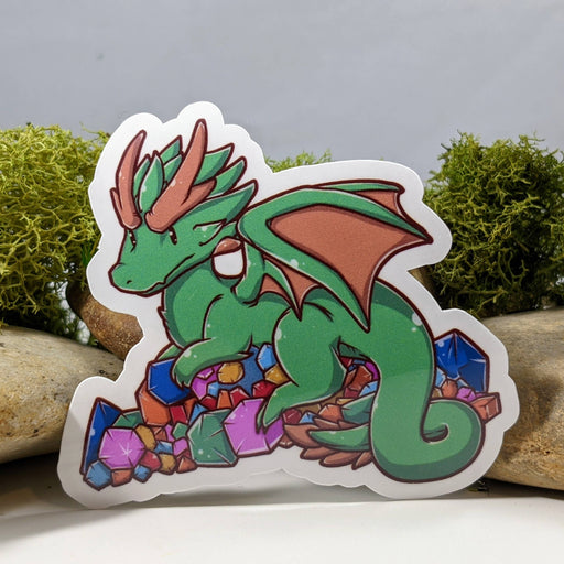 Green Dragon Guarding Horde of Dice Sticker - 2.5" Gift Mimic Gaming Co   