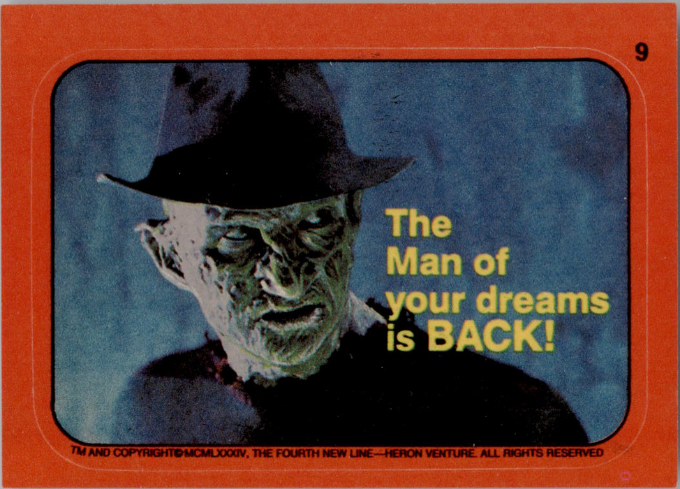 Fright Flicks 1988 - Sticker - 09 - Nightmare on Elm Street - The Man of Your Dreams is Back Vintage Trading Card Singles Topps